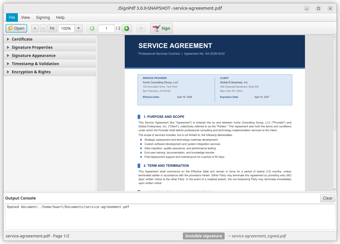 JSignPdf JavaFX application — document loaded with signing options